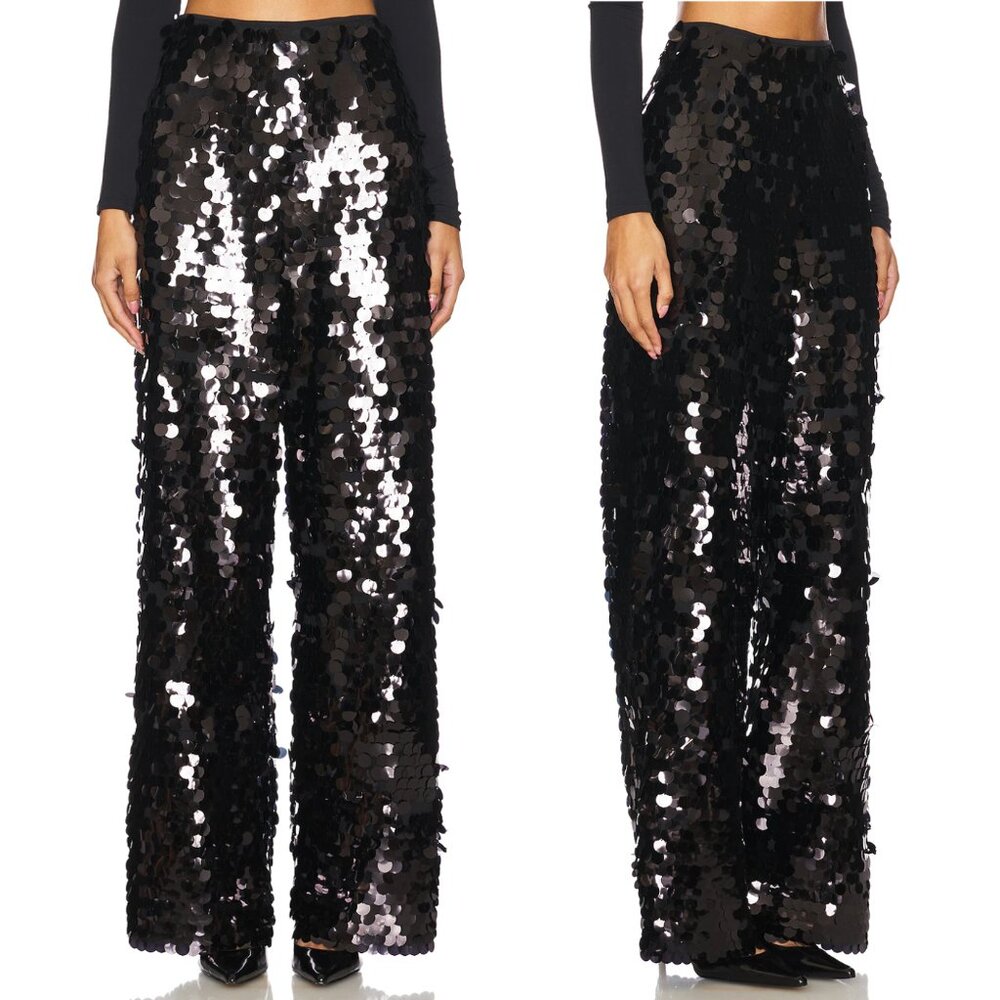 NEW LAMARQUE Stacy Pants in Black Sequin Shiny Disco Wide Leg Trouser Medium